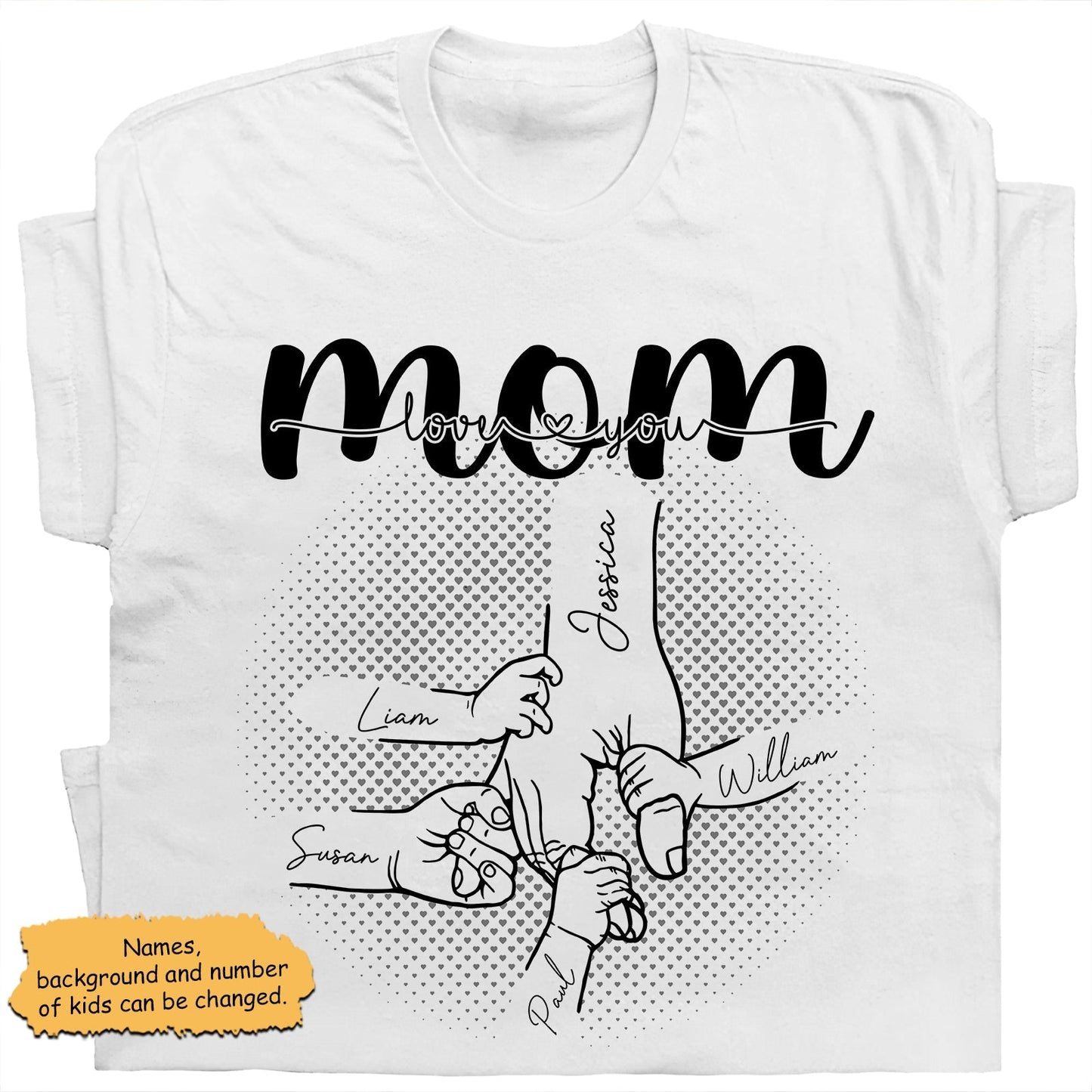 White a mother's love is forever shirt with mom text and personalized kids hand illustration