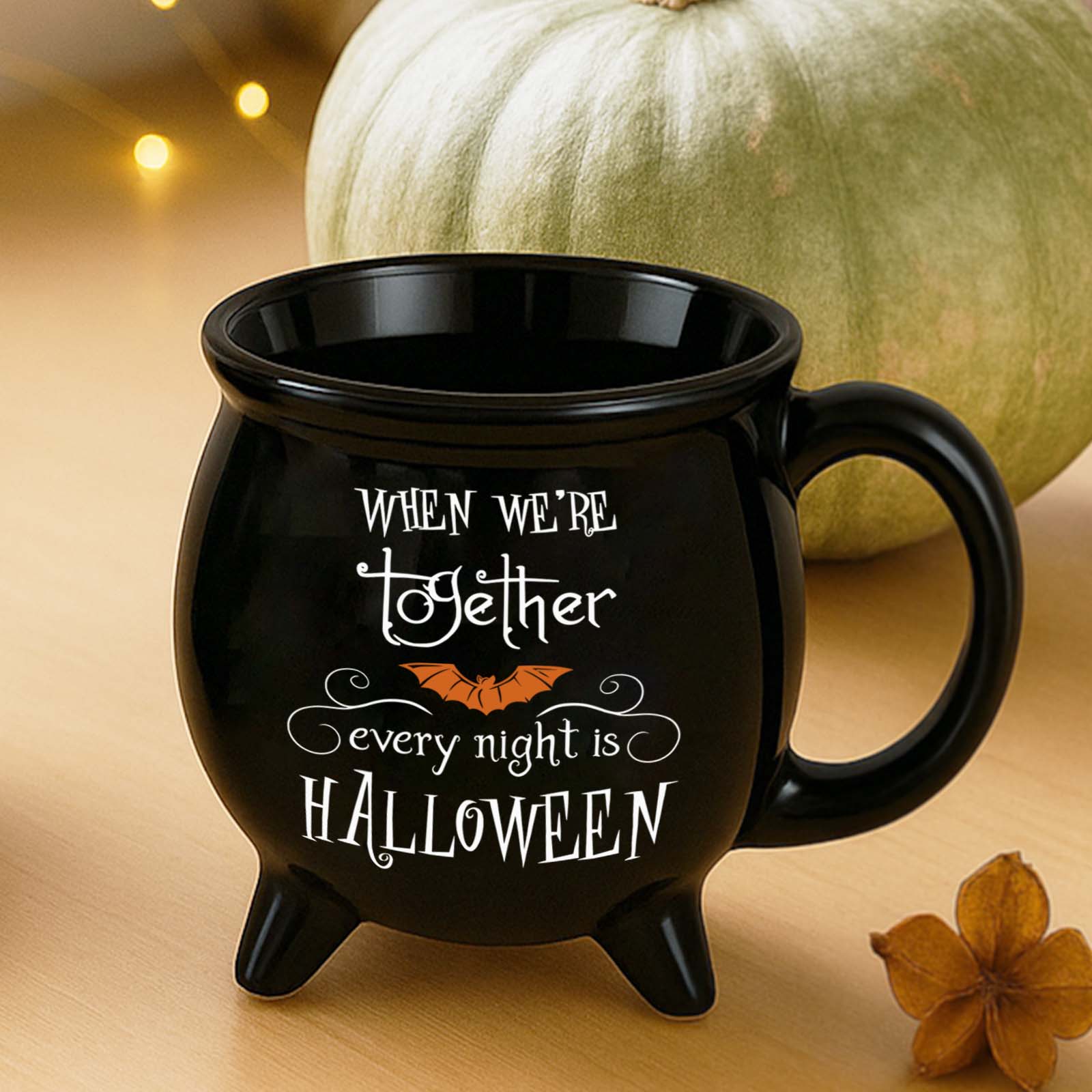 Personalized Witches Ceramic Cauldron Mug black ceramic cauldron mug with Halloween quote bat graphic