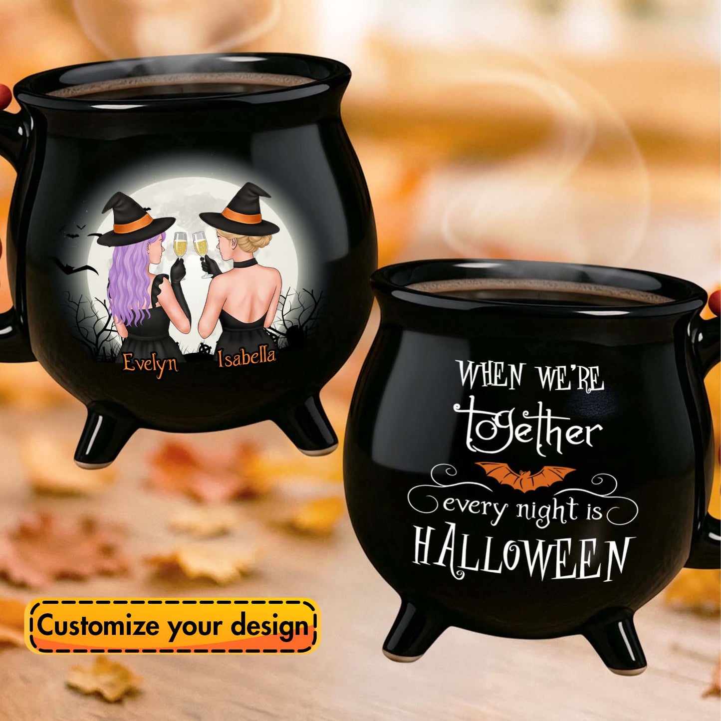 White ceramic Sisters Are Like Butterflies mug with blue floral art and three names Personalized Witches Ceramic Cauldron Mug
