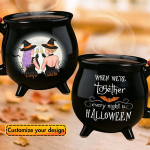 White ceramic Sisters Are Like Butterflies mug with blue floral art and three names Personalized Witches Ceramic Cauldron Mug