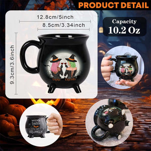 Personalized Witches Ceramic Cauldron Mug black 10.2 oz glossy cauldron mug with two witches design and custom names