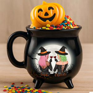 Personalized Witches Ceramic Cauldron Mug black cauldron mug with two witches toasting wine glasses names Sophia and Charlotte