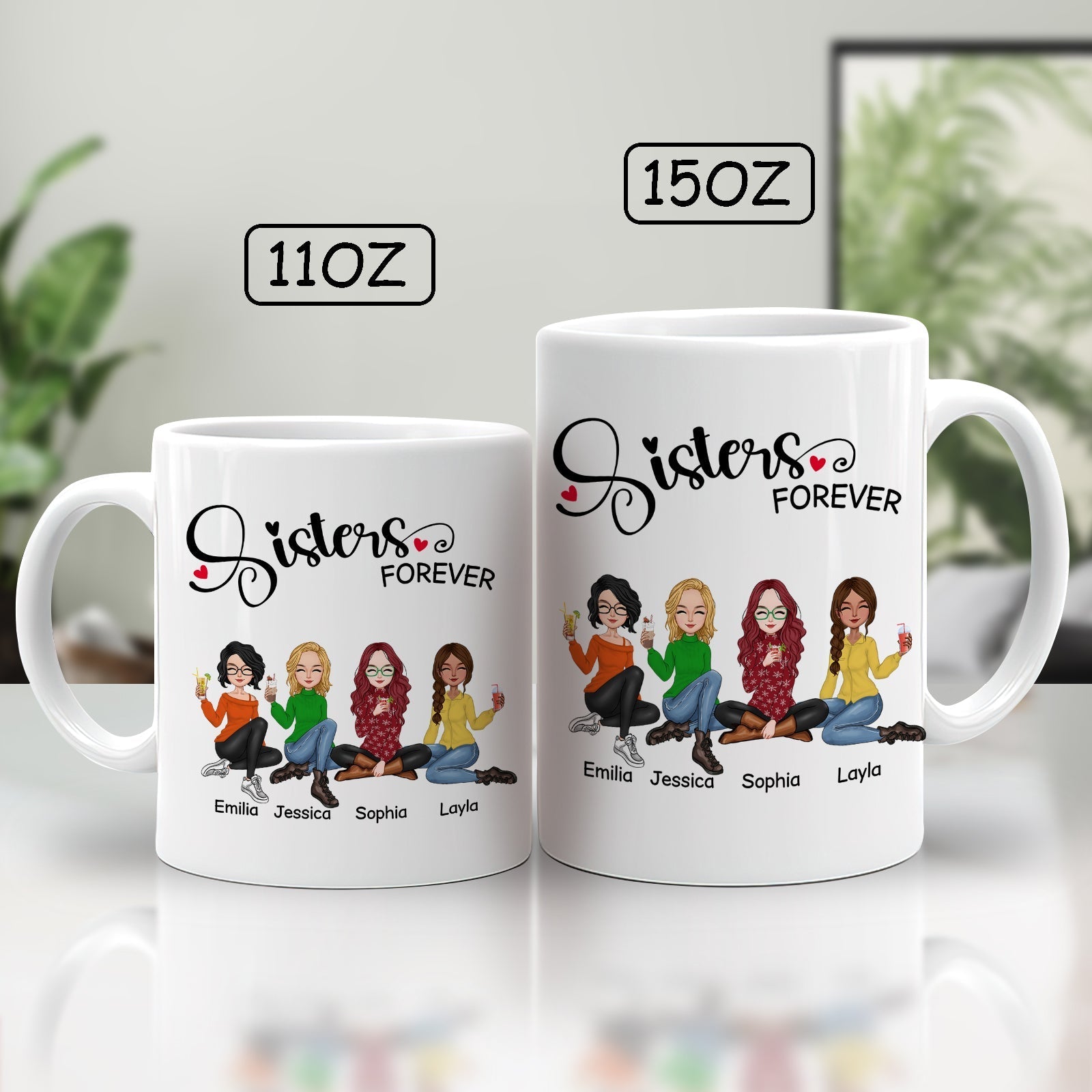 Sisters forever gift idea coffee mugs with cartoon sisters design in 11oz and 15oz sizes