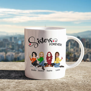 White coffee mug with sisters forever gift idea showing four illustrated women named Emilia Jessica Sophia and Layla