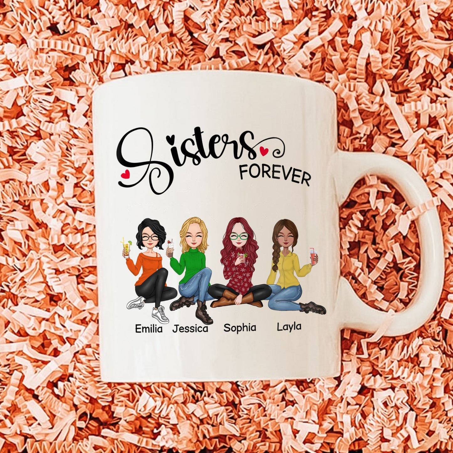White coffee mug with sisters forever gift idea featuring four illustrated women named Emilia Jessica Sophia and Layla