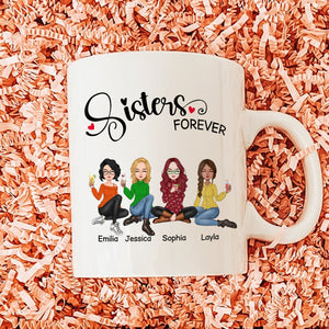 White coffee mug with sisters forever gift idea featuring four illustrated women named Emilia Jessica Sophia and Layla