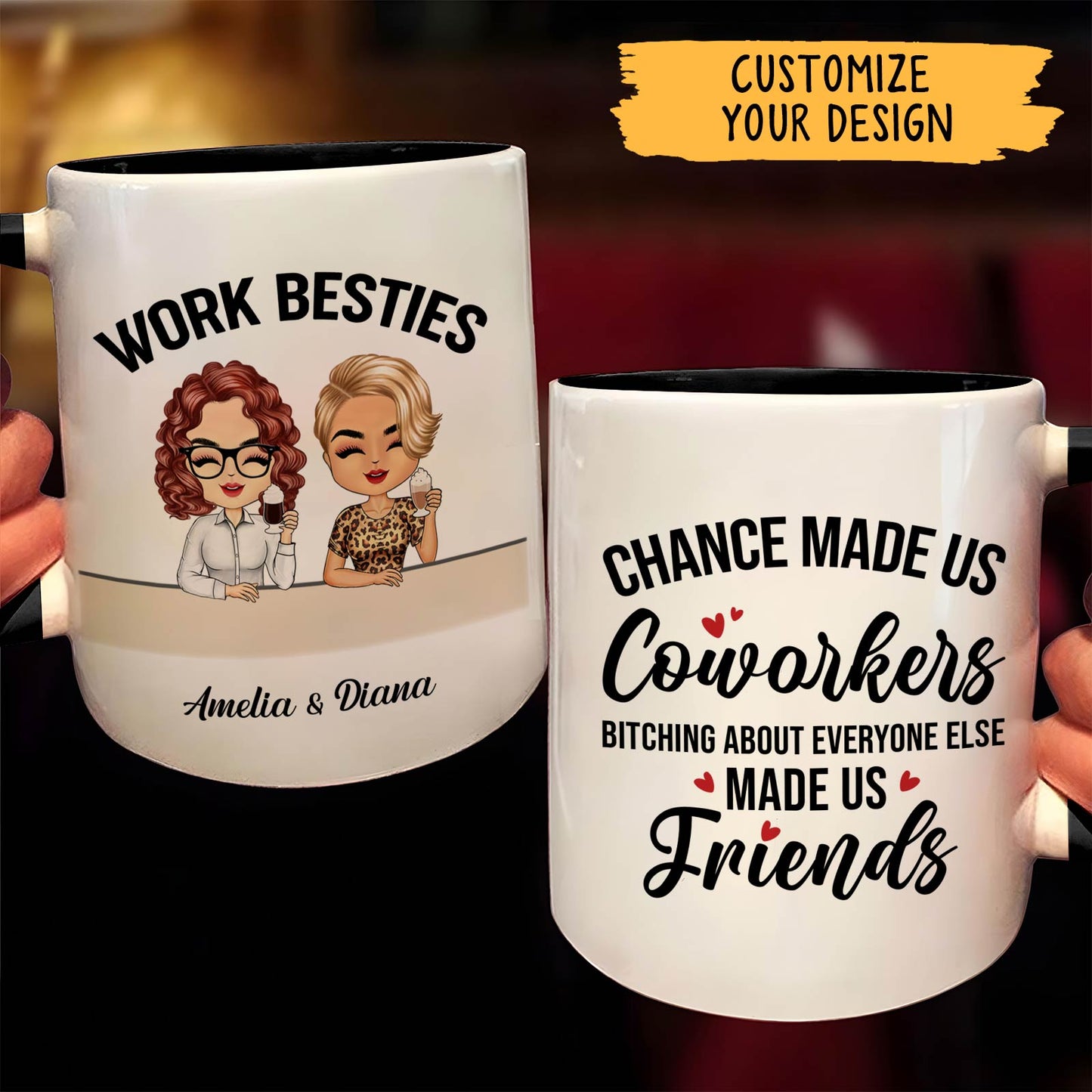 Two customizable white mugs with work besties cartoons and script quote ideal unique gifts for coworkers