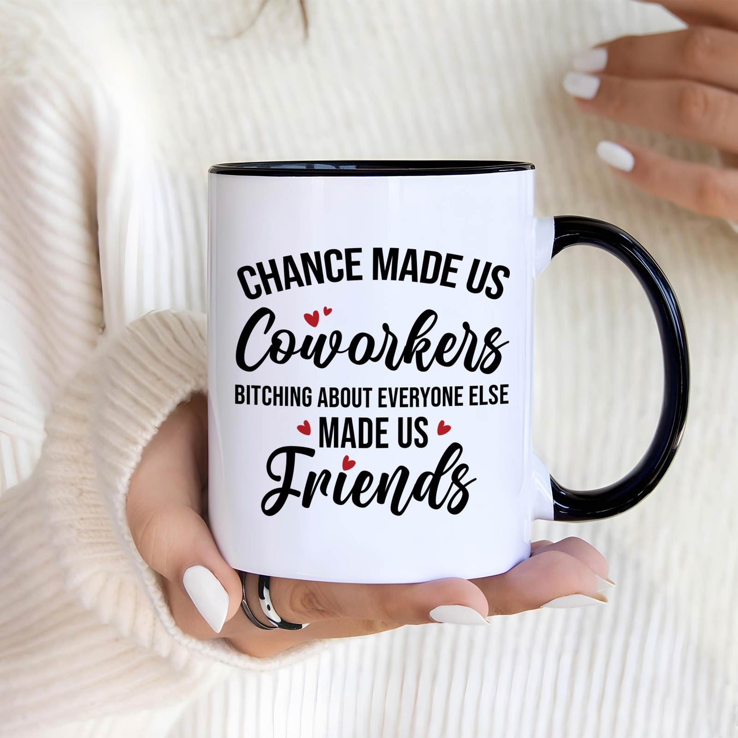 White mug with black rim and handle saying Chance made us coworkers made us friends with red hearts unique gifts for coworkers