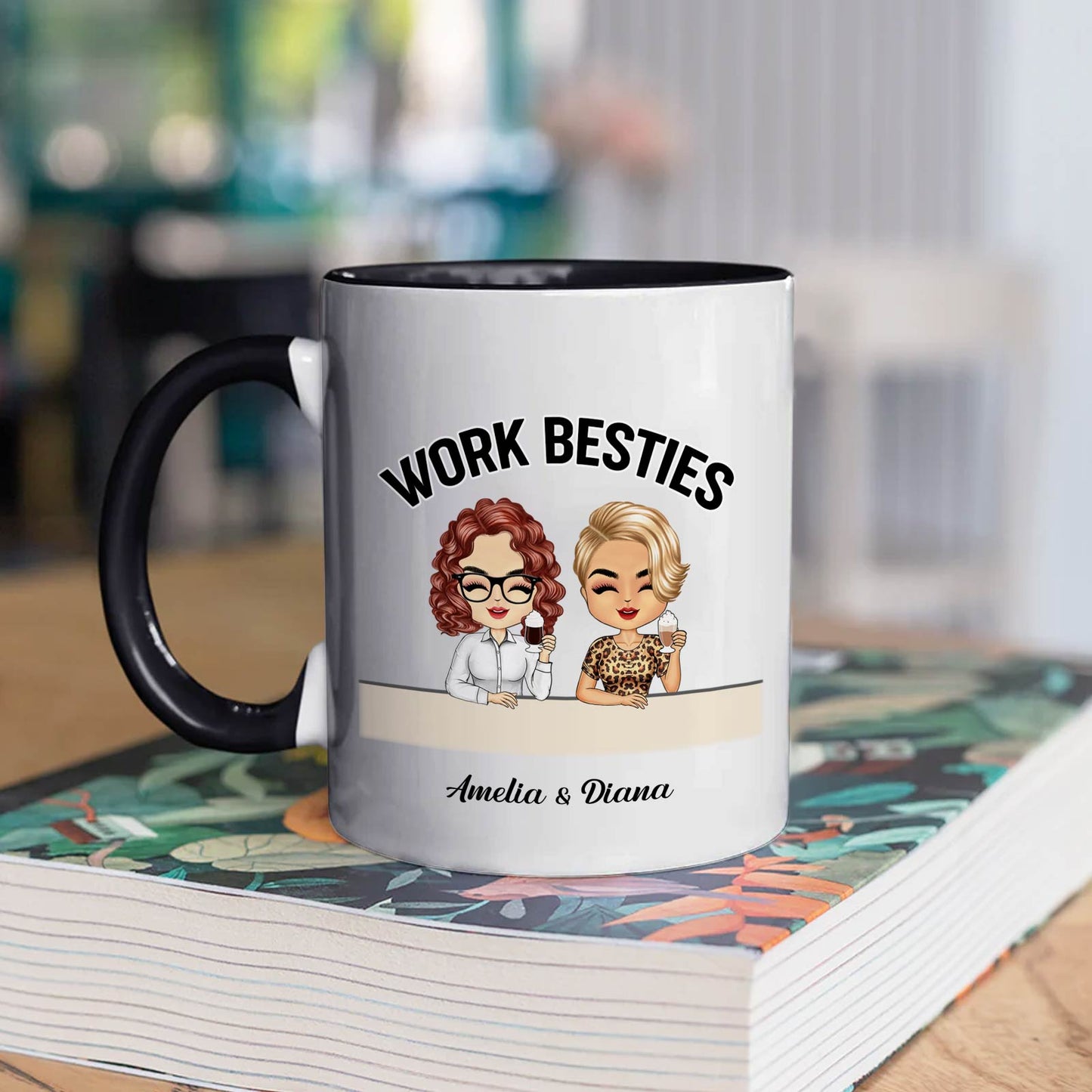 365Gifty personalized Work Besties coffee mug with two cartoon coworkers and names Amelia Diana unique gifts for coworkers