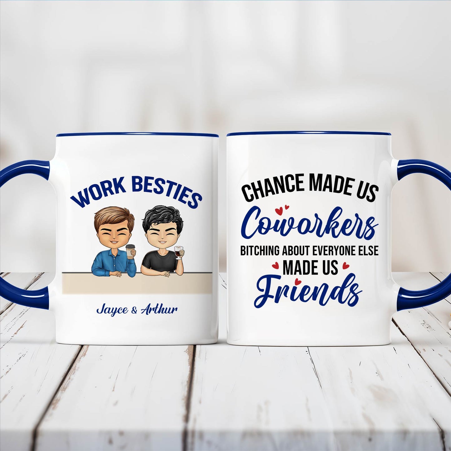Two white ceramic mugs with blue handles featuring Work Besties cartoon and friend quote ideal unique gifts for coworkers