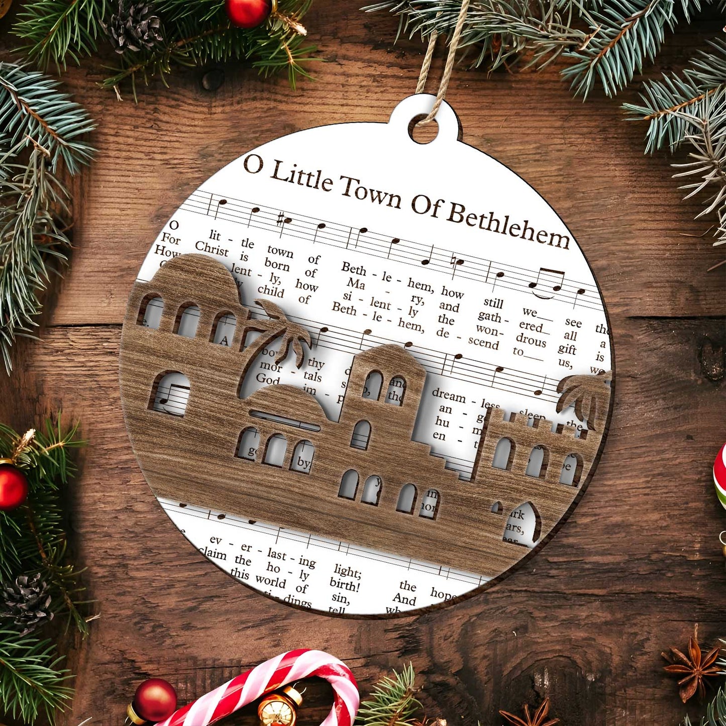 365Gifty music sheet nativity ornament with wooden Bethlehem silhouette and O Little Town Of Bethlehem lyrics