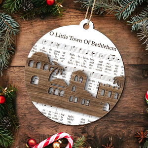 365Gifty music sheet nativity ornament with wooden Bethlehem silhouette and O Little Town Of Bethlehem lyrics