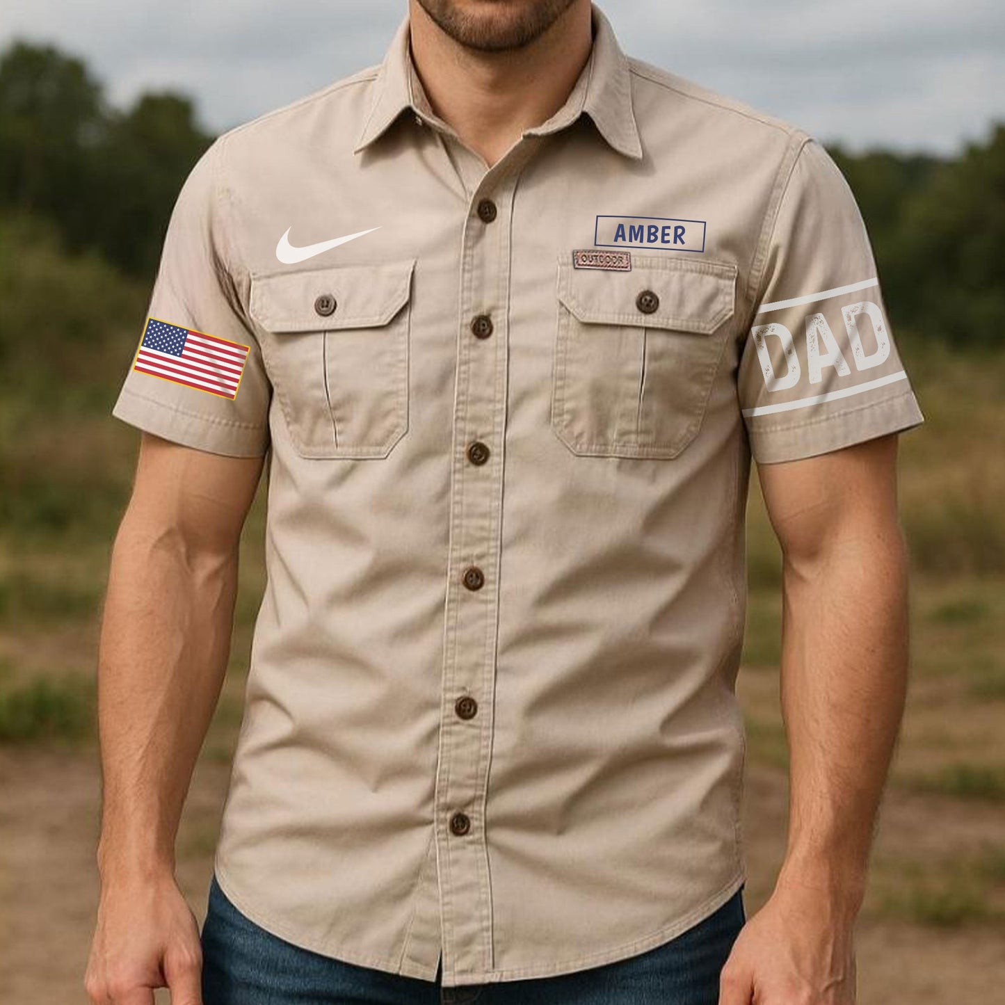 Personalized dad cargo shirt in khaki with button pockets and custom name patch Amber