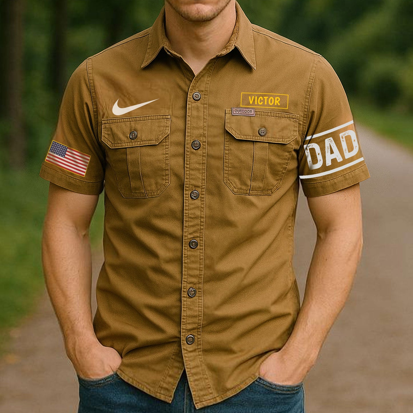365Gifty personalized dad cargo shirt brown short sleeve with button pockets and American flag patch