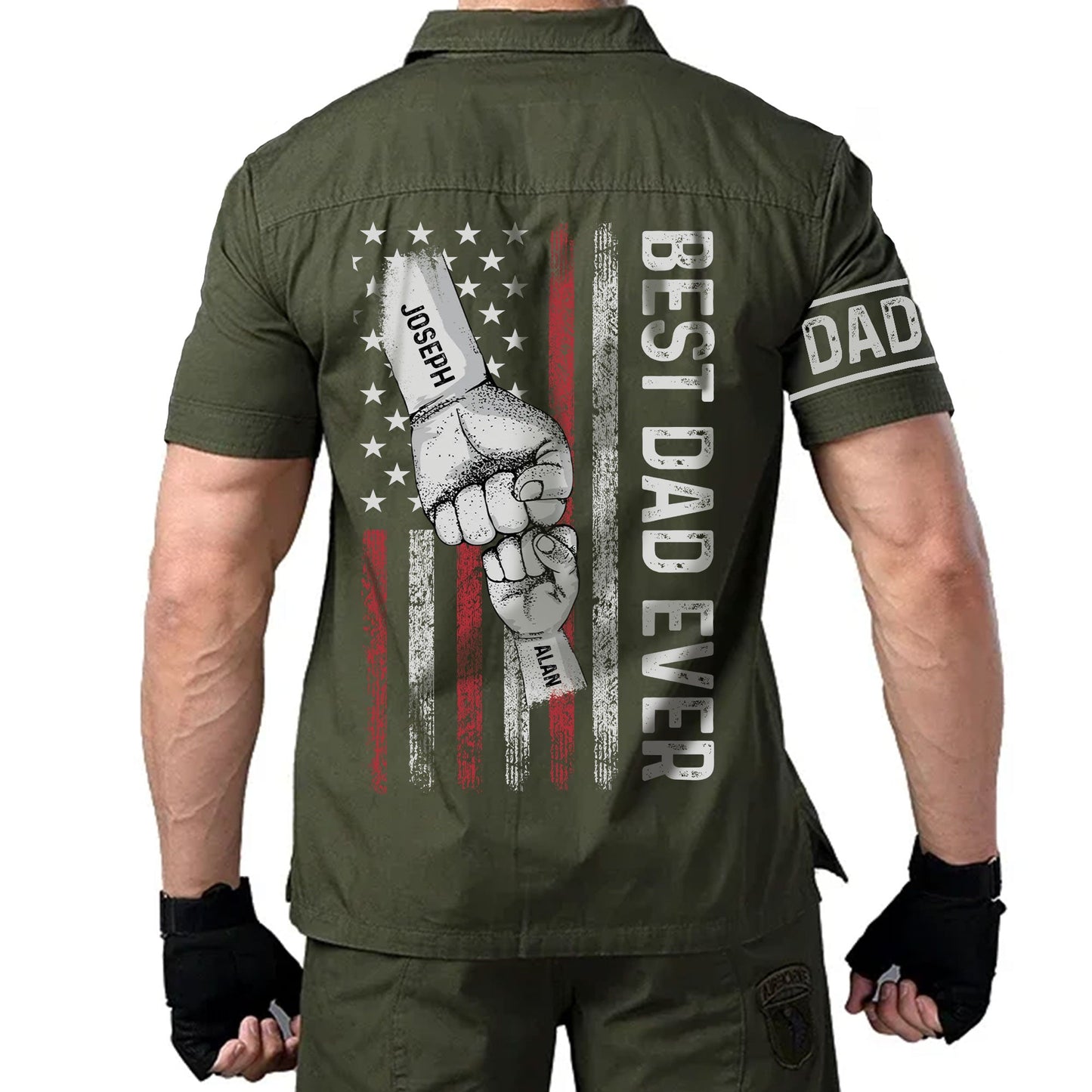 Personalized dad cargo shirt in olive green with best dad ever design and custom names on fists and sleeve
