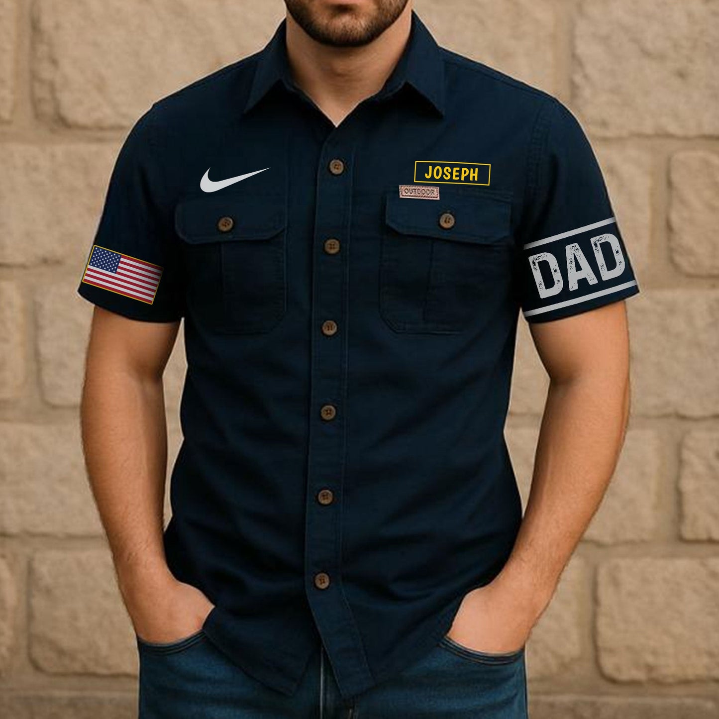 Personalized dad cargo shirt in navy blue with custom name patch and US flag emblem on sleeve