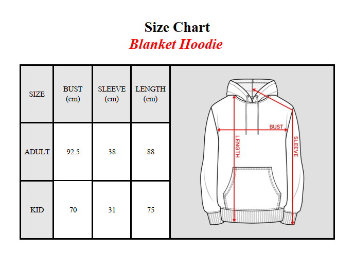 Size chart diagram showing dimensions for adult and kid blanket hoodie with bust, sleeve, and length measurements for ohana blanket hoodie personalized