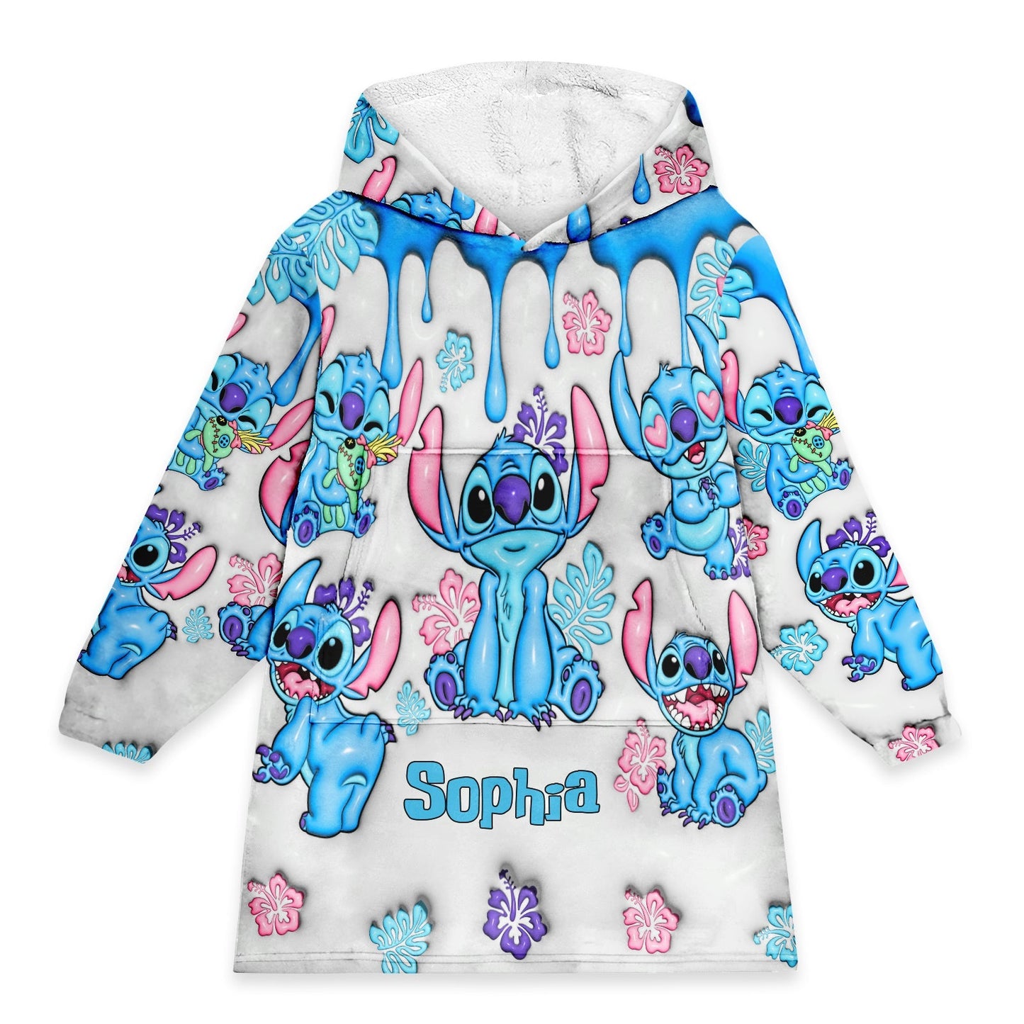 Ohana blanket hoodie personalized with blue Stitch characters and name Sophia on white background