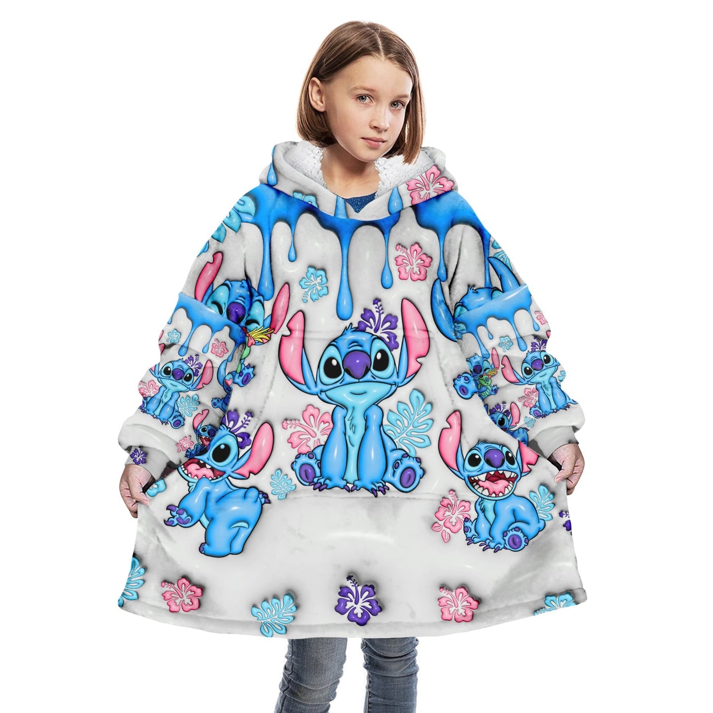 365Gifty ohana blanket hoodie personalized with blue cartoon character and floral design worn by child