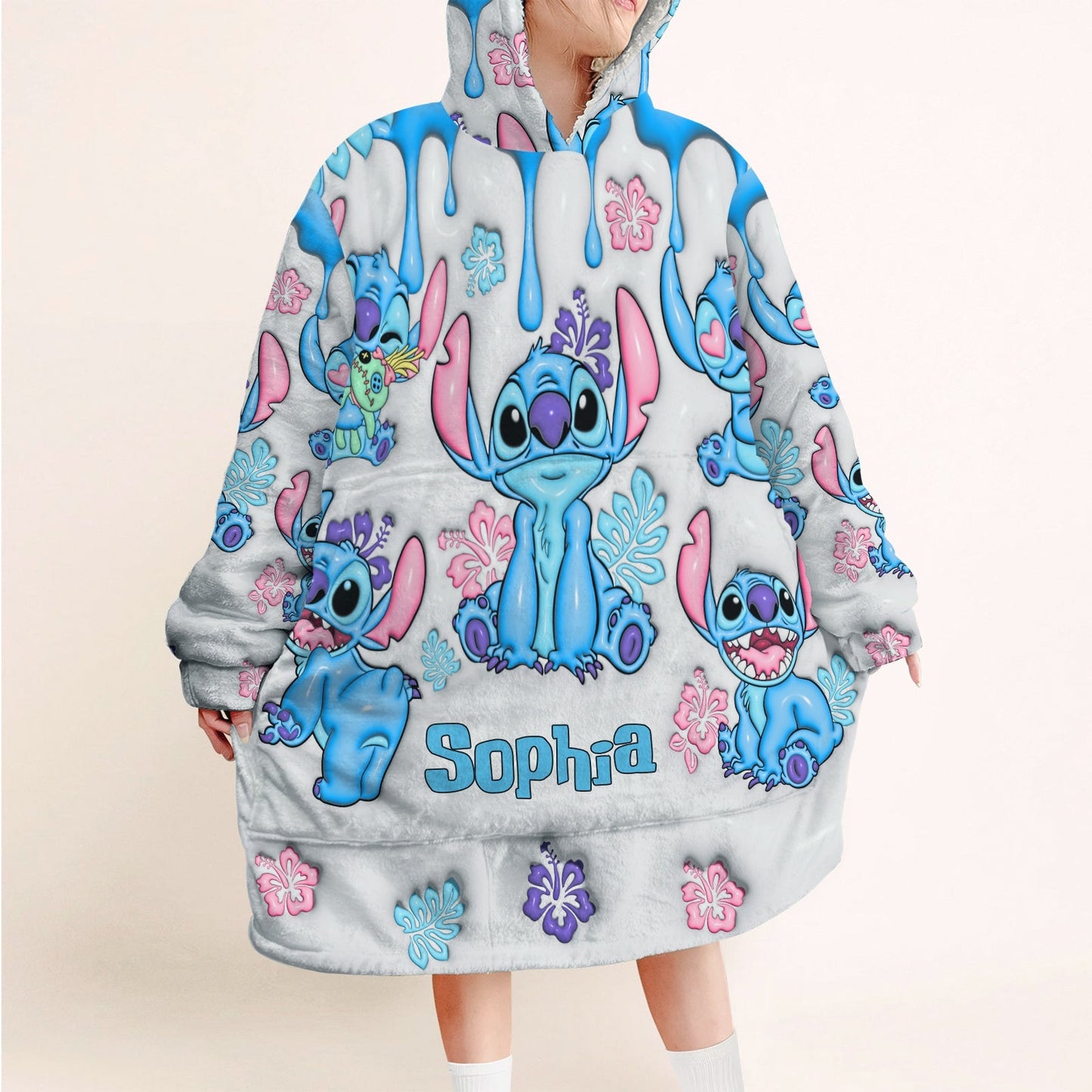 Personalized ohana blanket hoodie featuring blue Stitch characters and colorful floral designs by 365Gifty
