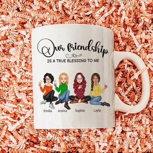 365Gifty our friendship is a true blessing mug featuring four cartoon women with names Emilia Jessica Sophia Layla