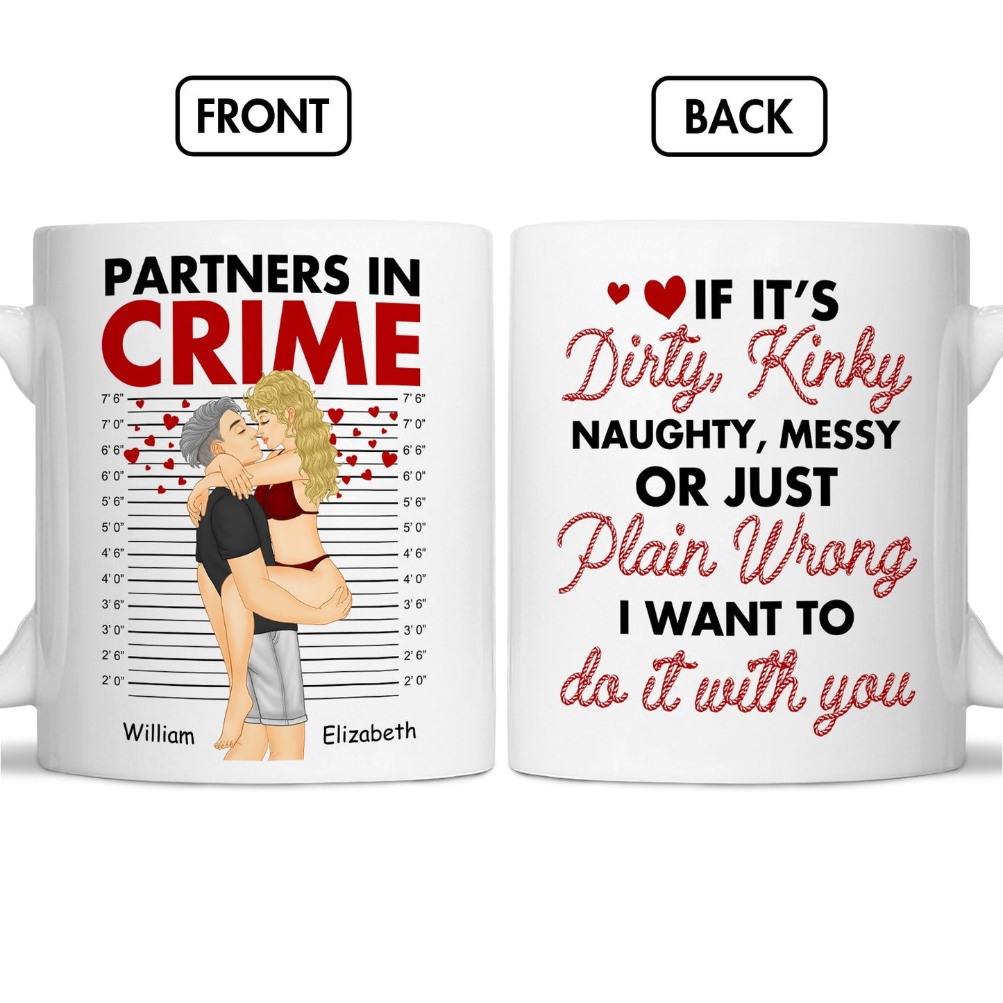 Partners in crime mug gift featuring a couple hugging with a mugshot background and romantic text on back