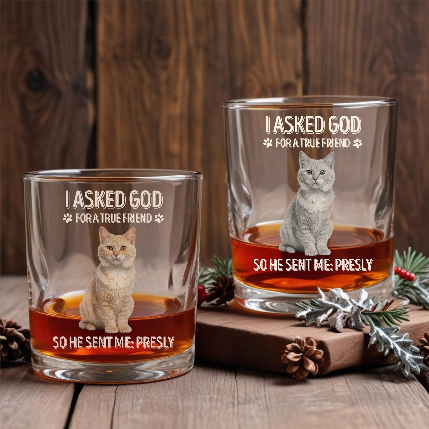 365Gifty personalized pet memorial whiskey glass set with two etched cat portraits and sentimental quote