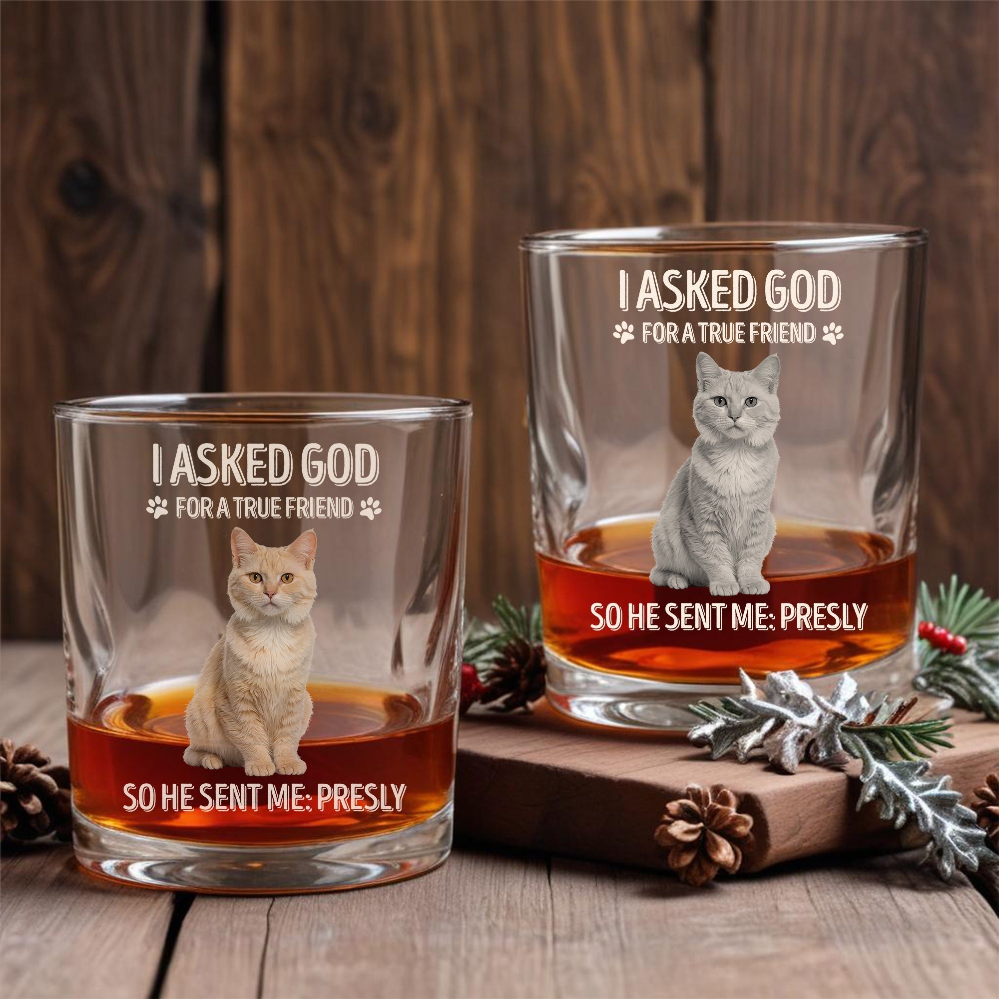 365Gifty personalized pet memorial whiskey glass set with two etched cat portraits and sentimental quote