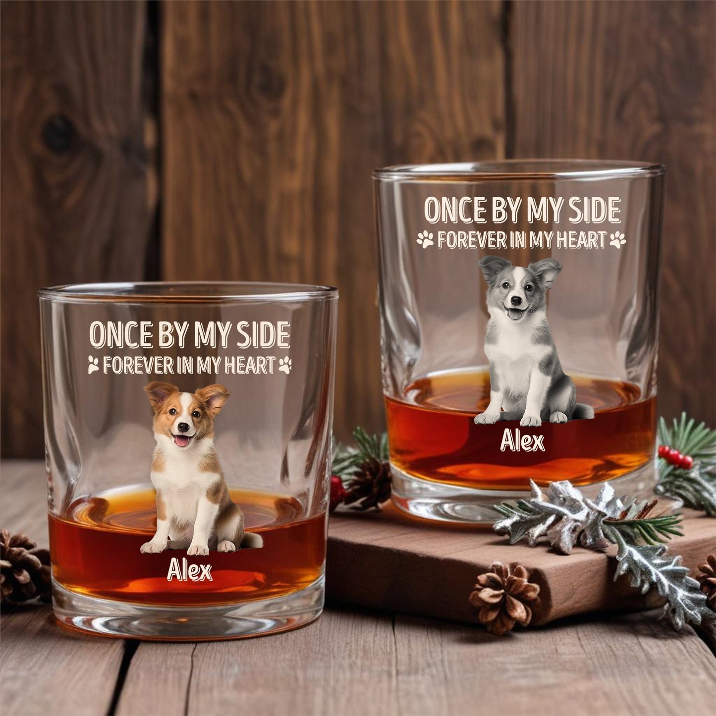 personalized pet memorial whiskey glass showing two engraved glasses with custom dog portraits and name Alex on wood display
