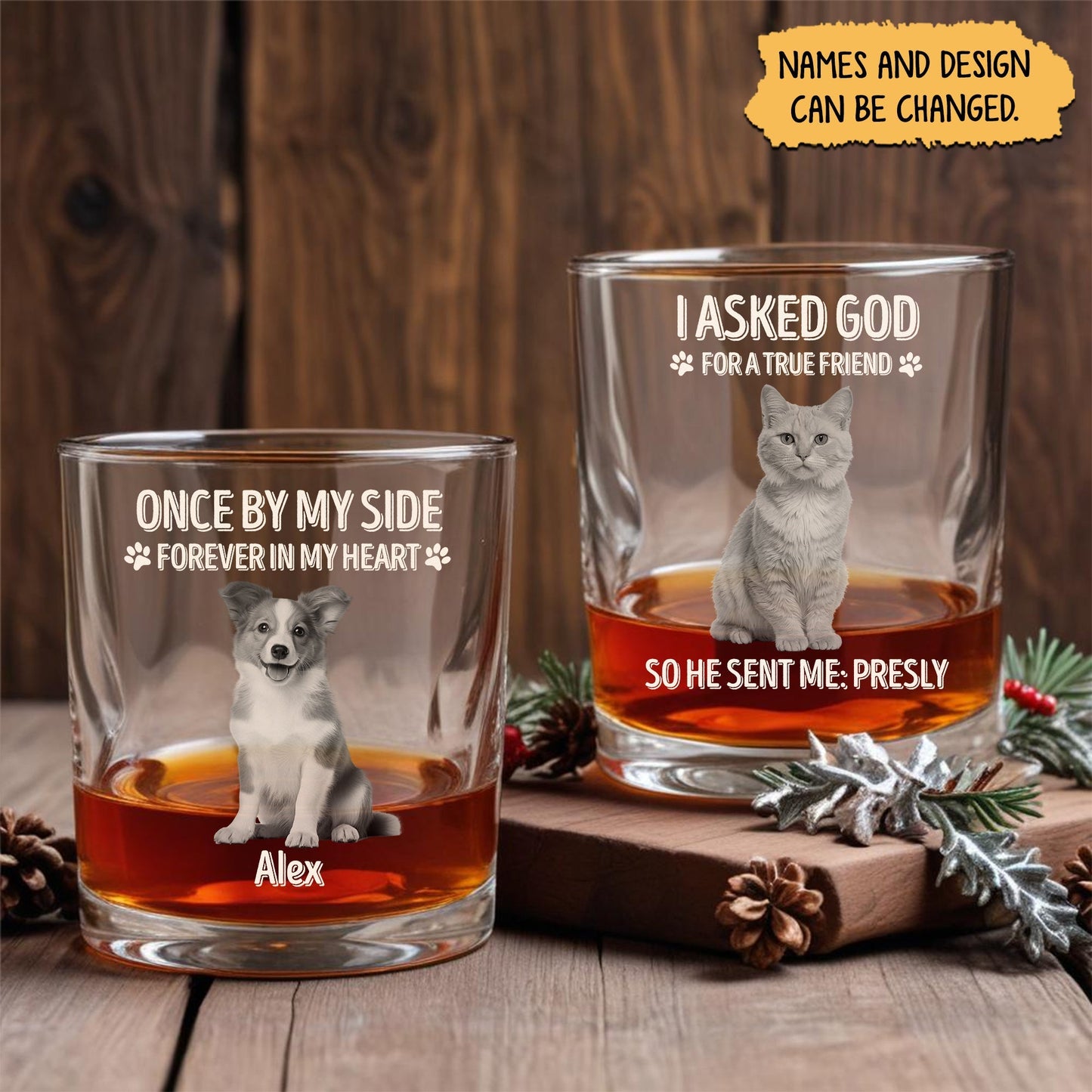 Two personalized pet memorial whiskey glass set featuring dog and cat portraits memorial text and custom names on wooden table