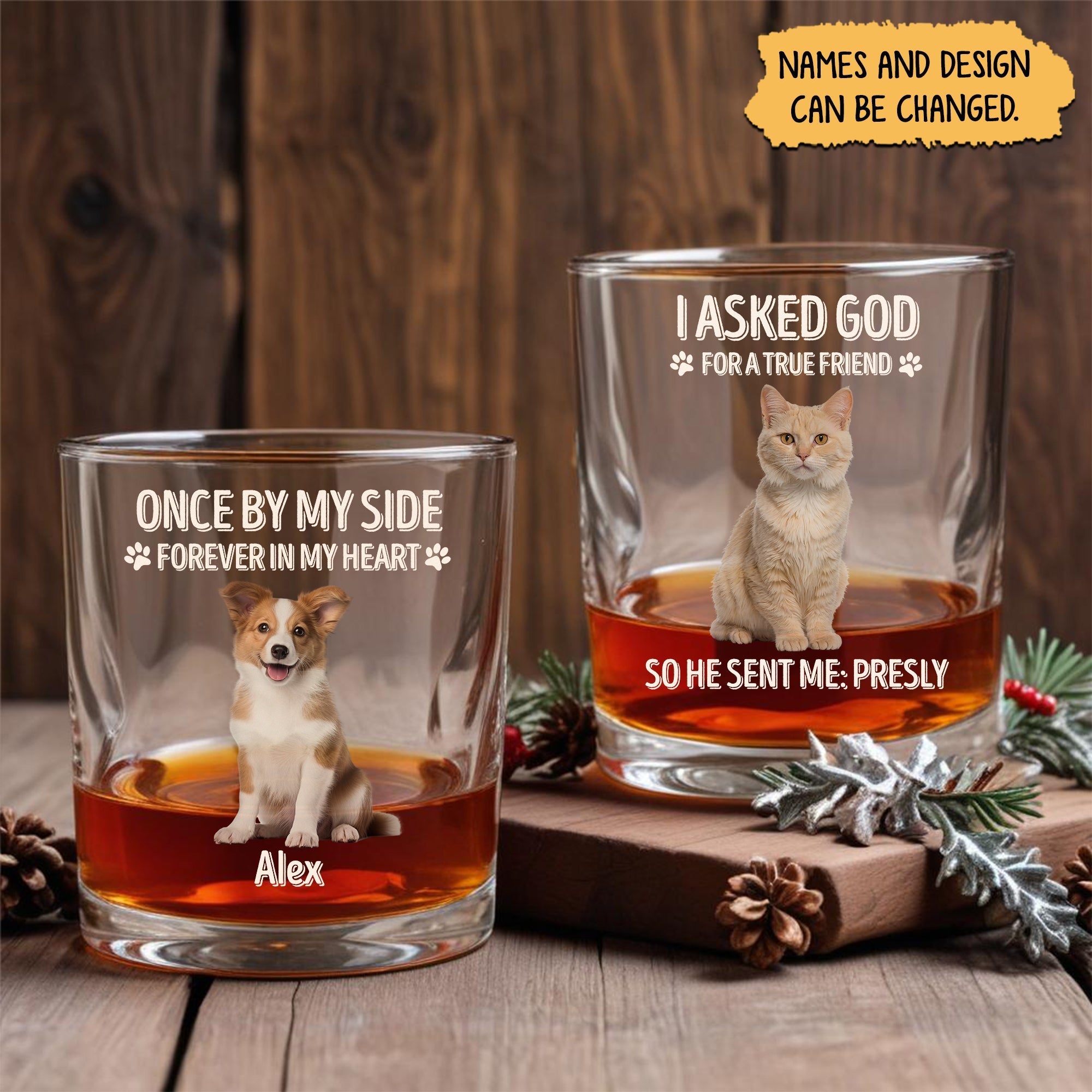 personalized pet memorial whiskey glass set with two glasses showing dog and cat portraits and names
