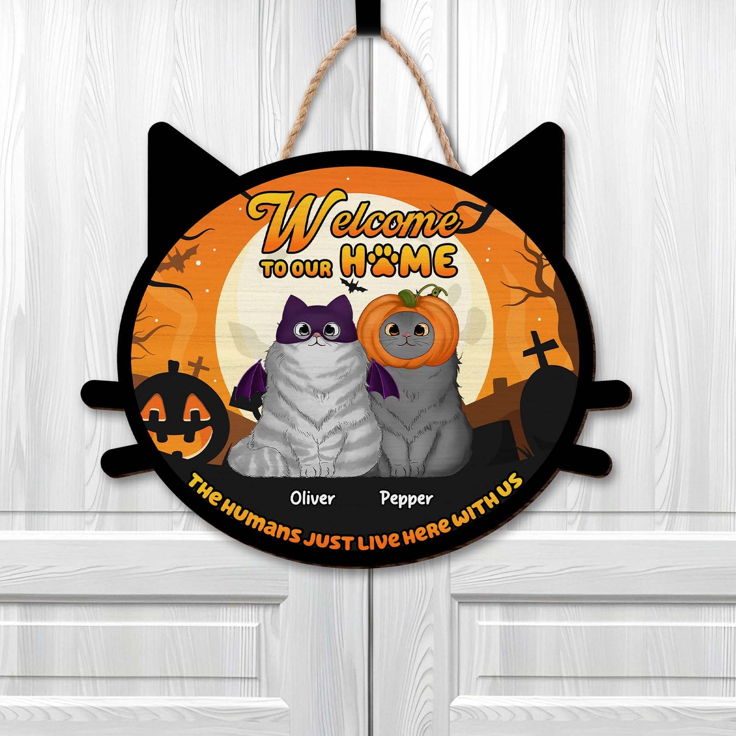 365Gifty personalized cat door sign Halloween plaque shaped like a cat with two gray cats in pumpkin and bat costumes