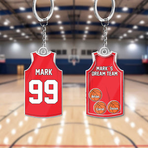 Personalized acrylic keychain for dad featuring a basketball jersey design with custom names