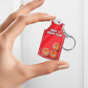Custom personalized acrylic keychain for dad featuring basketball jersey design and names
