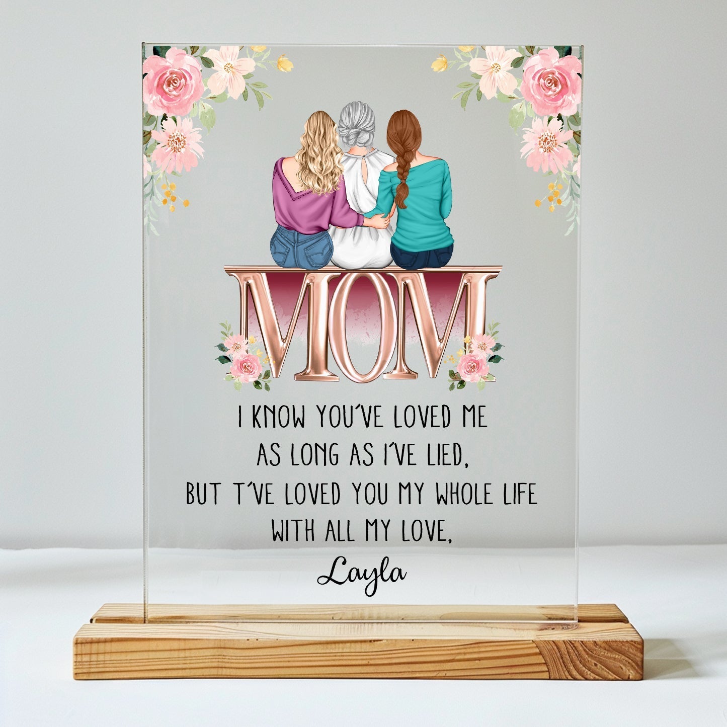 Personalized acrylic mom plaque with floral design and heartfelt message in gray and soft pastels