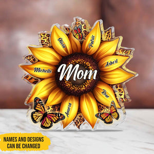 Personalized acrylic plaque for mom featuring a sunflower design with customizable names