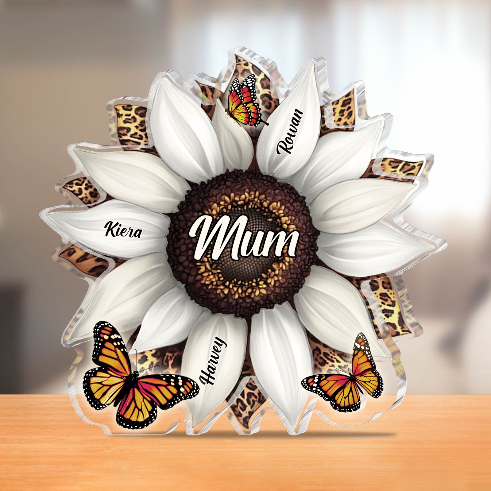 Personalized acrylic plaque for mom featuring a sunflower design with butterfly accents