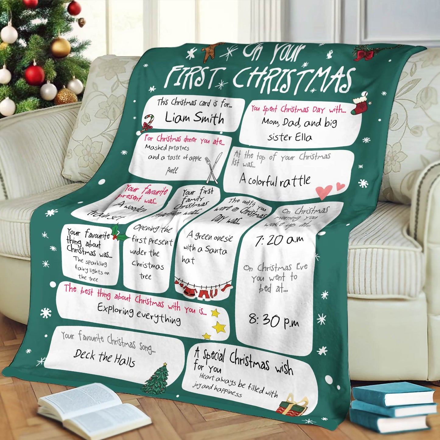 Personalized baby first Christmas blanket with custom messages and festive holiday design from 365Gifty