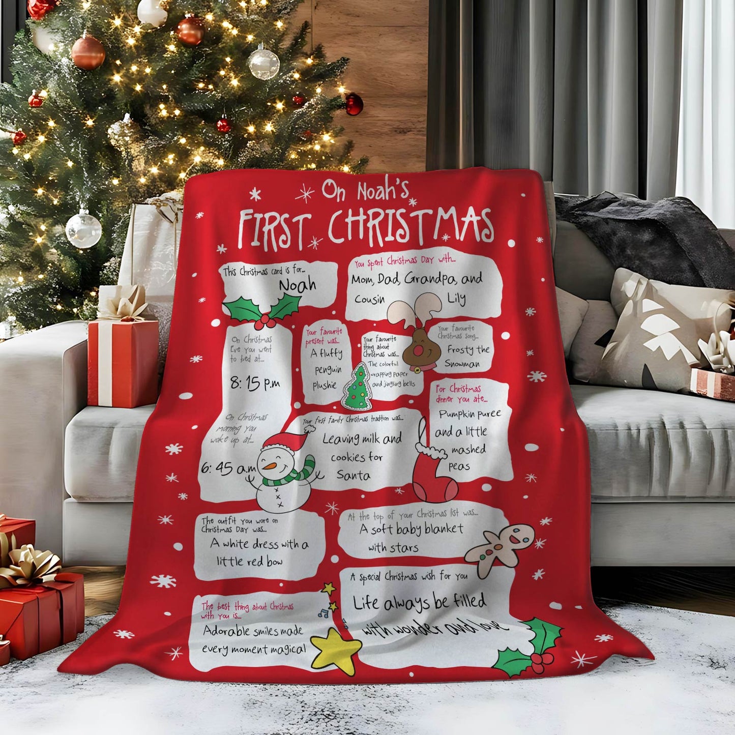Personalized baby first Christmas blanket in red with custom name and festive illustrations