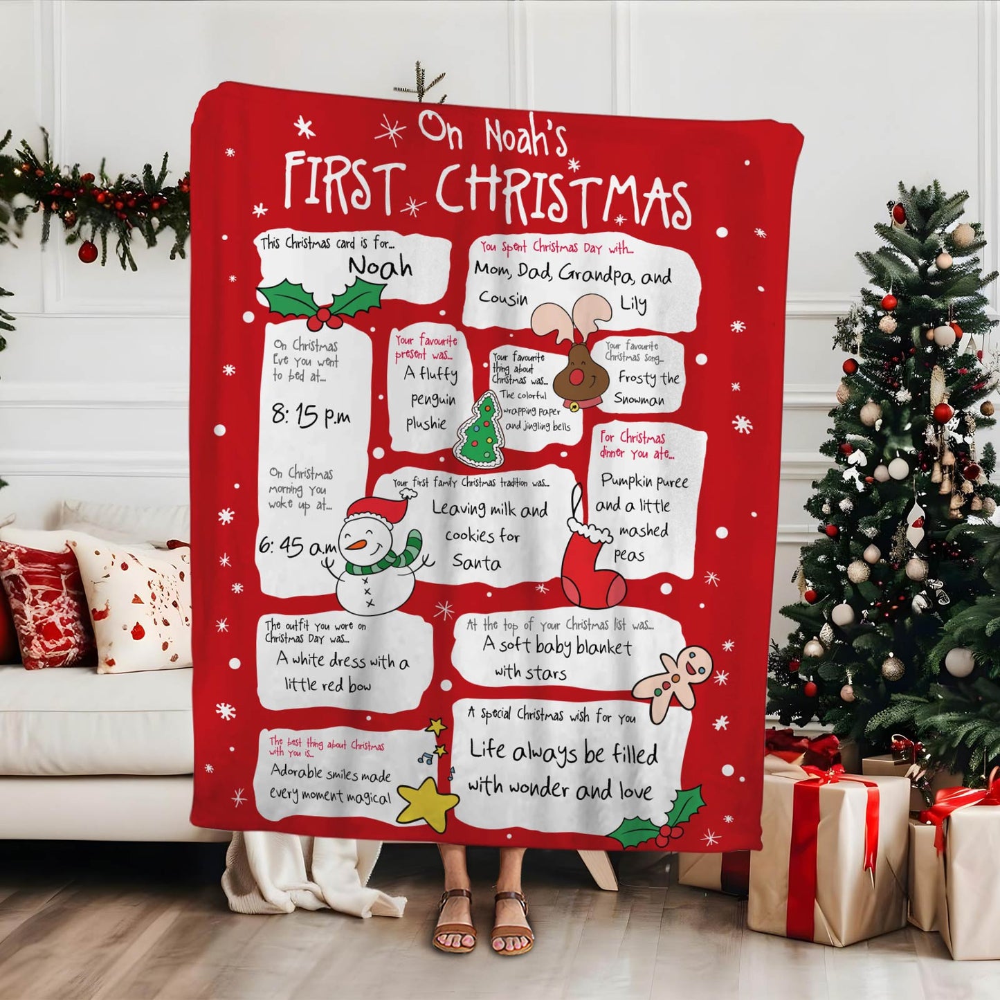 Red personalized baby first Christmas blanket with festive designs and custom name Noah