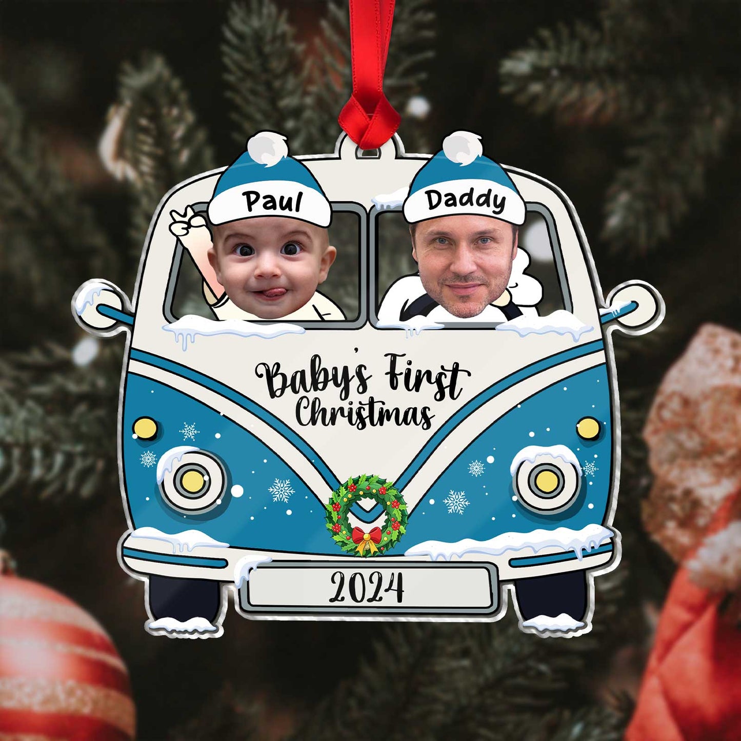 Personalized baby first Christmas ornament featuring a blue vintage van with baby and daddy faces and 2024 date
