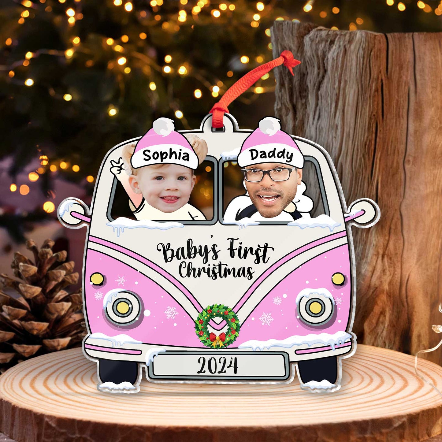 Personalized baby first Christmas ornament featuring pink vintage van with custom faces and names Sophia and Daddy