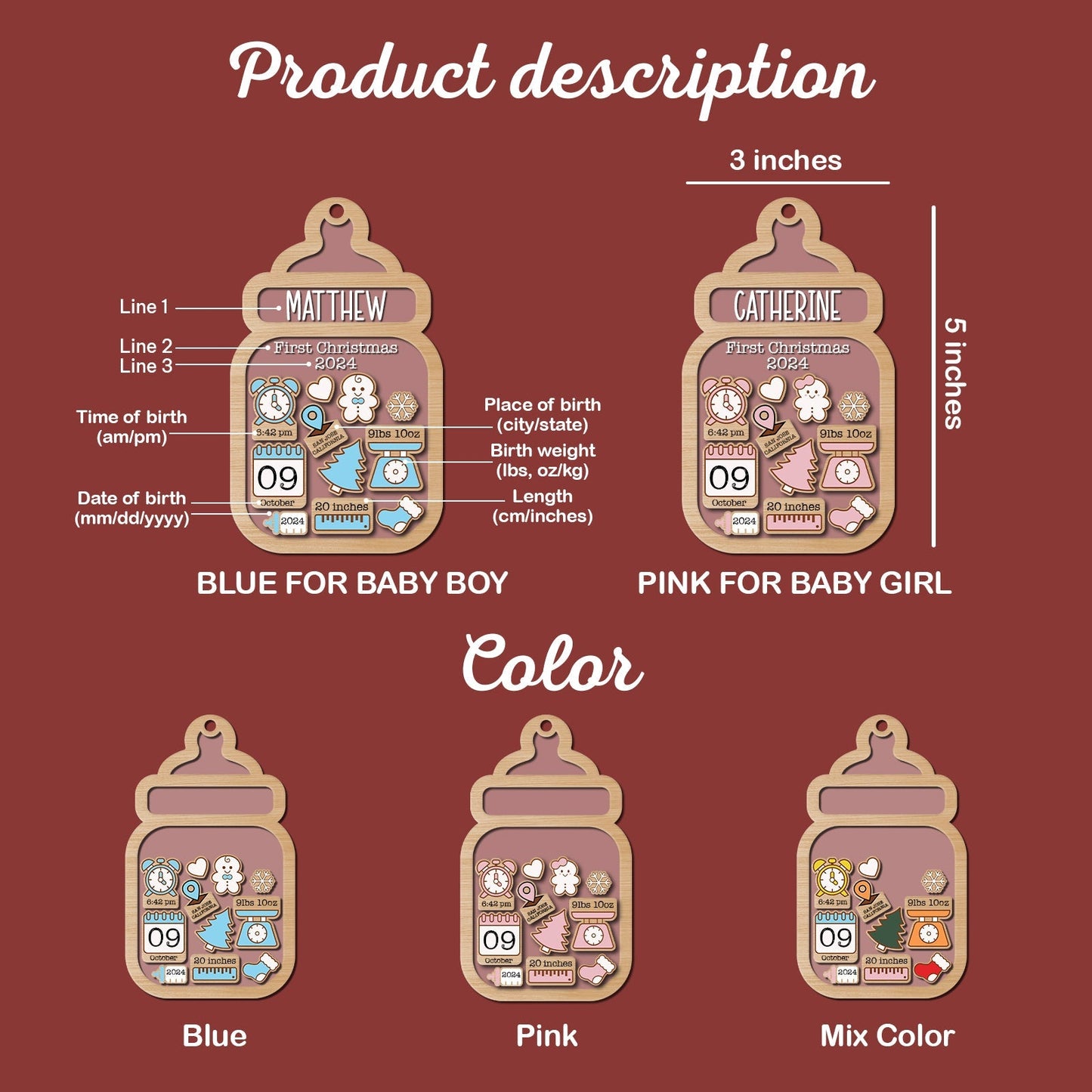 365Gifty personalized baby first Christmas ornament with customizable name, birth details in blue pink and mix colors