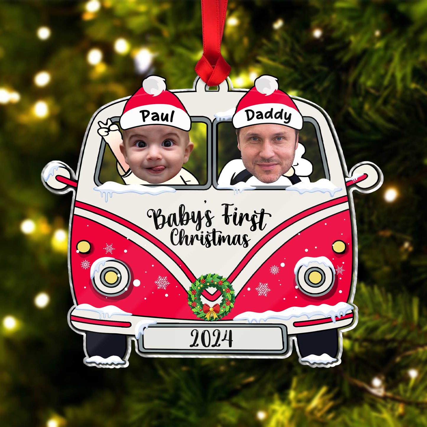 Personalized baby first Christmas ornament featuring a red vintage van with photo faces and names Paul and Daddy