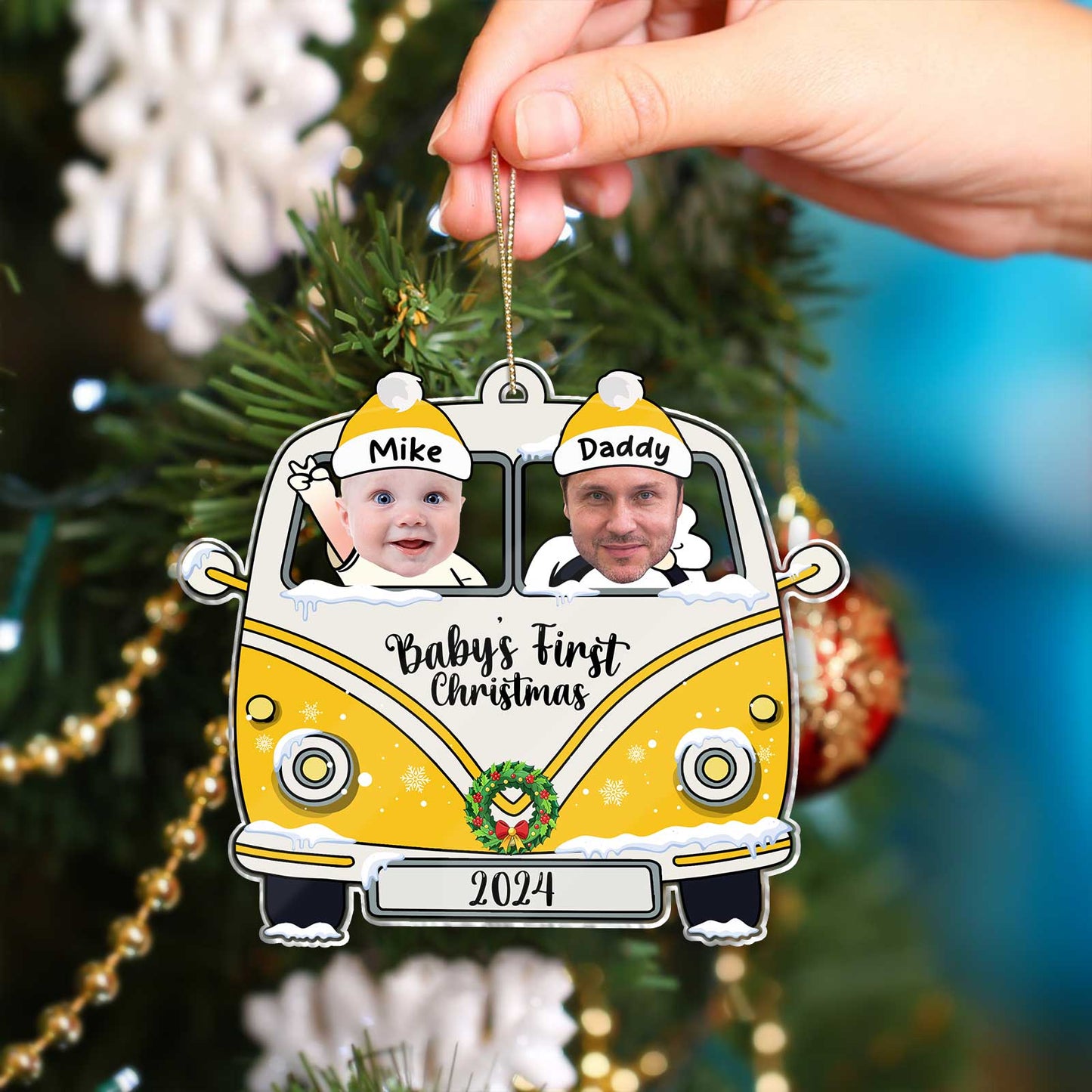 Personalized baby first Christmas ornament with custom photo and names in a yellow holiday van design