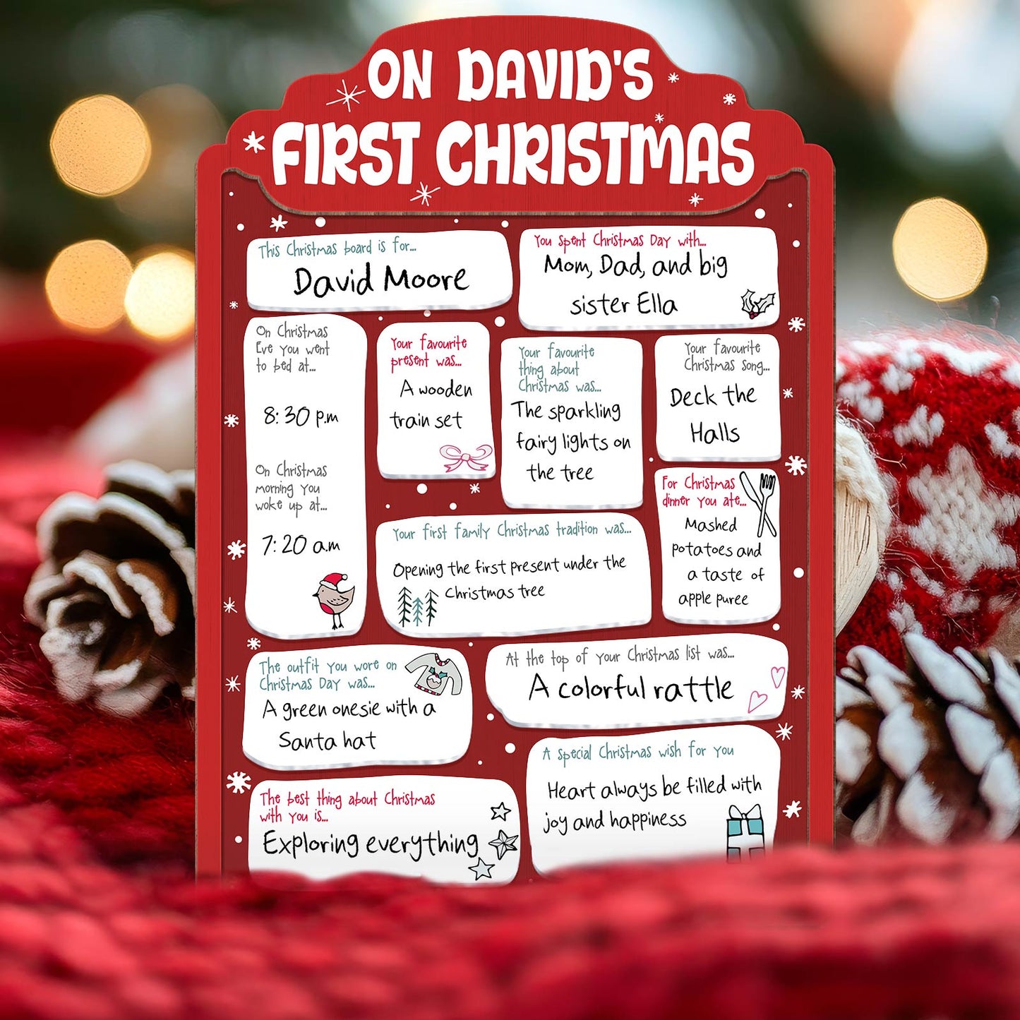 365Gifty personalized baby's first Christmas sign featuring customizable holiday memories and festive red design