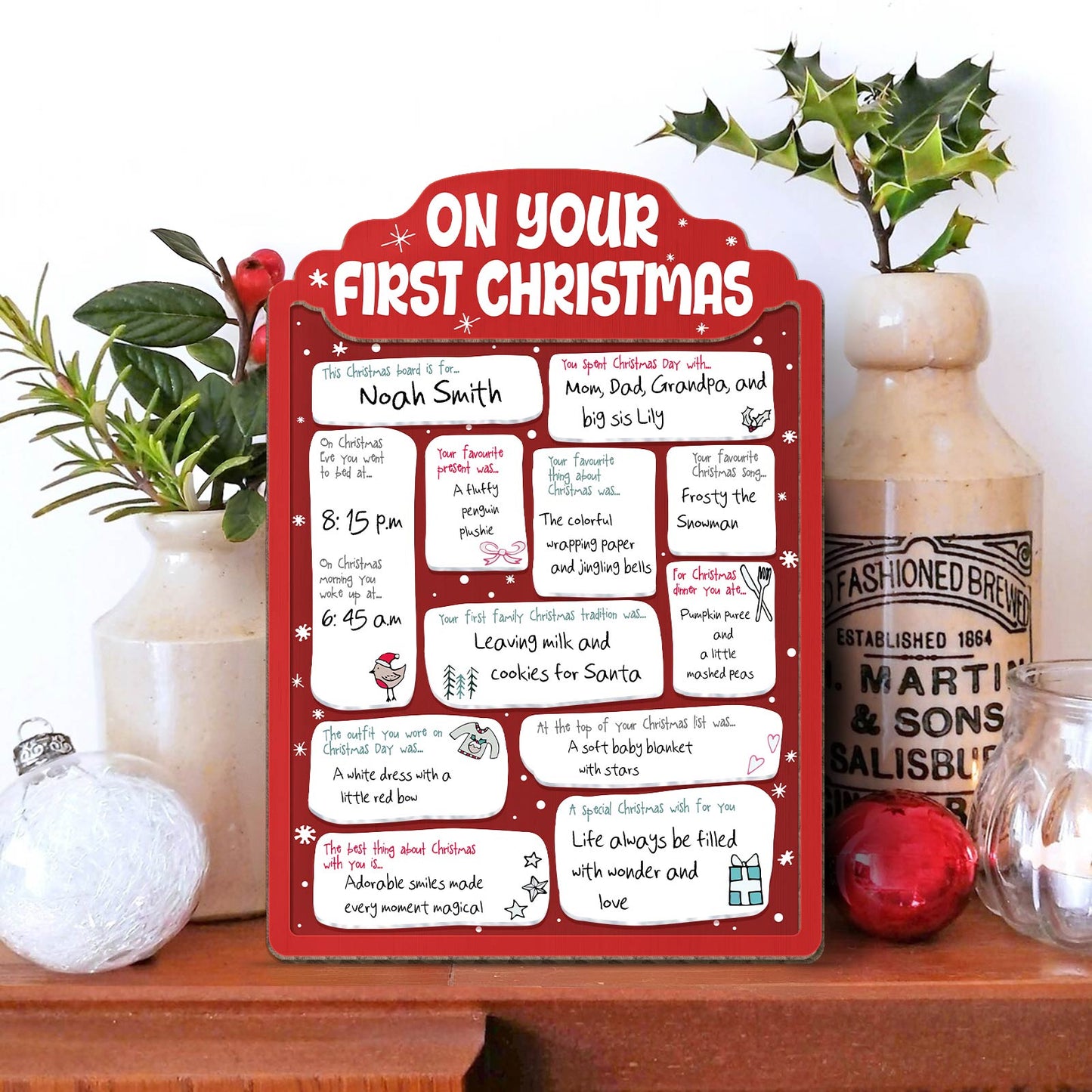 Personalized baby's first Christmas sign in red with custom name and holiday memories details