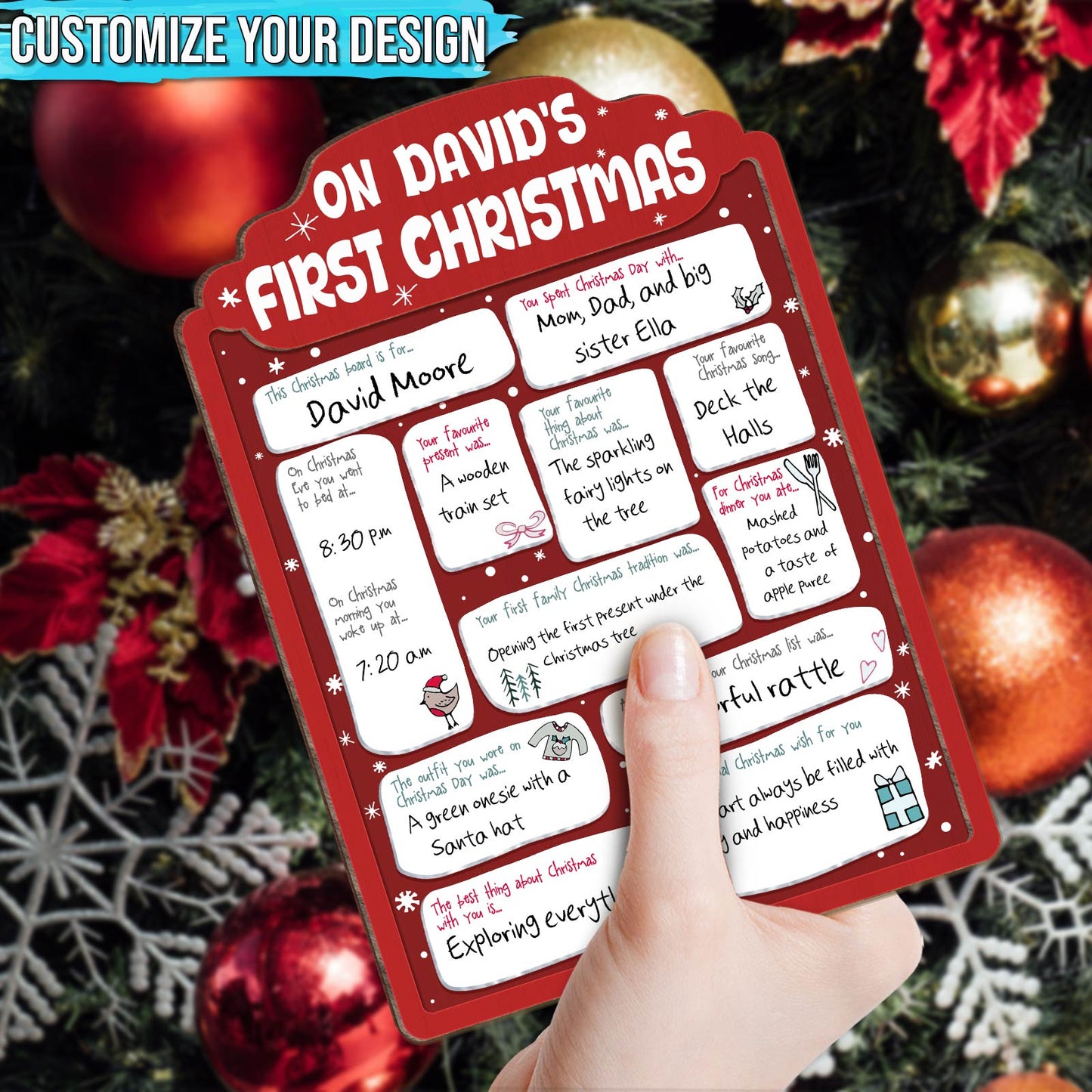 Personalized baby's first Christmas sign with customizable design and festive holiday details