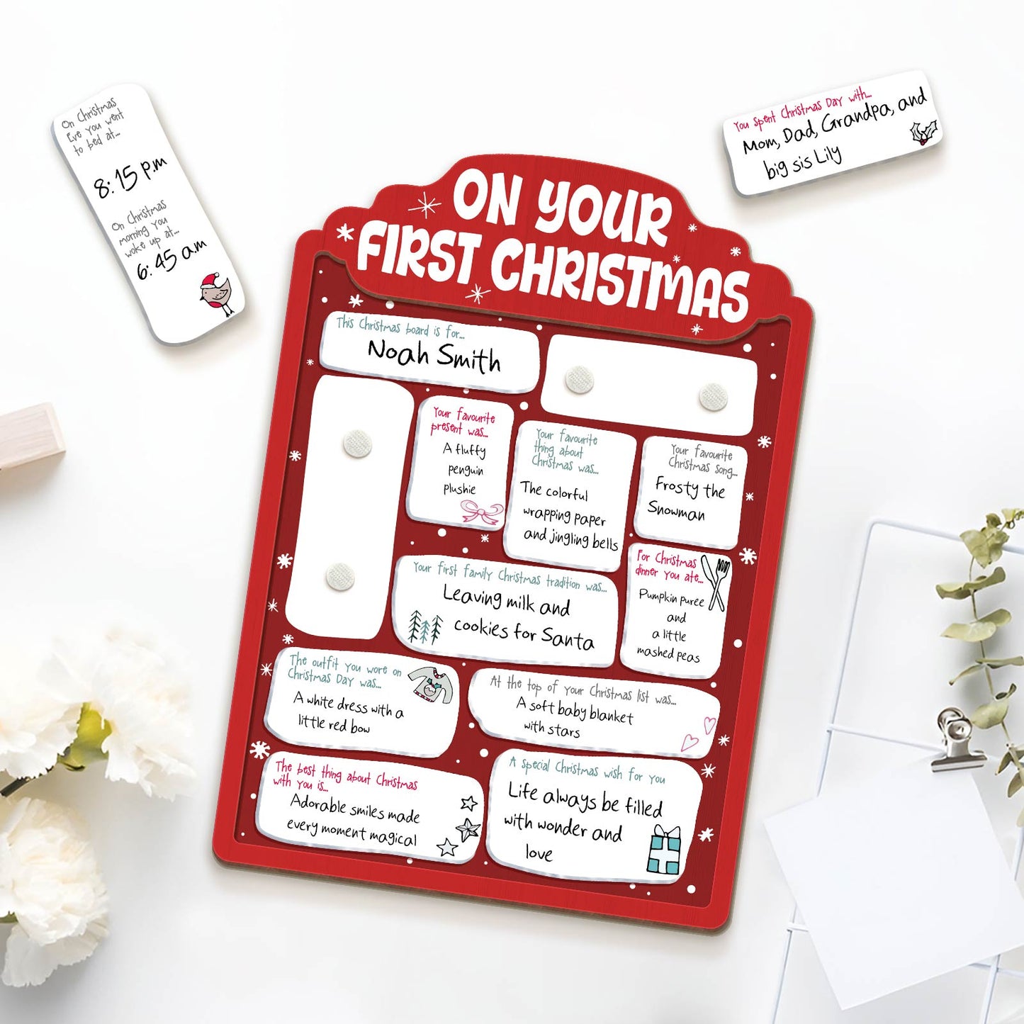 Personalized baby's first Christmas sign with customizable whiteboard sections for memories and details