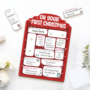 Personalized baby's first Christmas sign with customizable whiteboard sections for memories and details